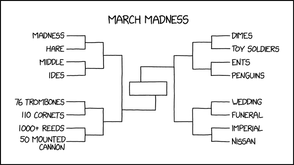 My bracket has 76 trombones led by John Philip Sousa facing off against thousands of emperor penguins led by Morgan Freeman.